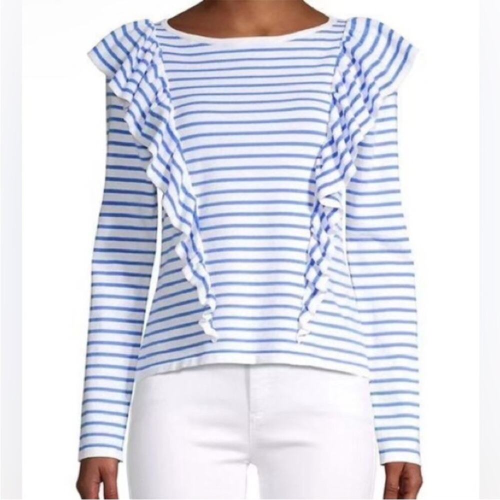 Lilly Pulitzer Ruth Ruffle Striped Sweater In Bennett Blue/Beach Stripe Size M